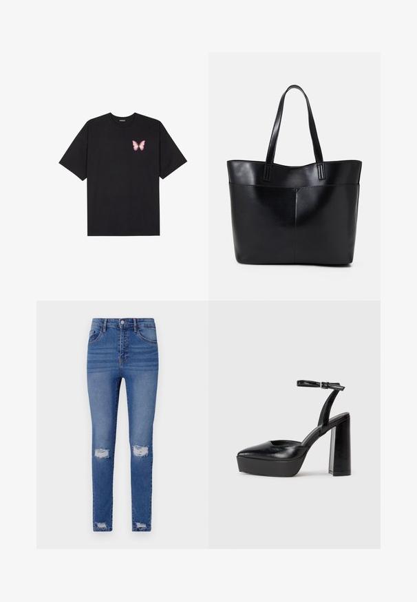 Juodas medvilnės marškinėliai trumpomis rankovėmis, su maža rožine drugelio grafika kairėje krūtinės pusėje. Apvalus kaklo iškirpimas, laisvas kirpimas.; Lieknos mėlynos džinsinės kelnės su išblukusia spalva, turinčios du kelio plyšius, penkis kišenes, sagčių uždarymą ir diržo kilpos. Medvilnės mišinys.; Juodi platforminiai aukšti kulniukai su smailiu kojų pirštu ir reguliuojamu kulkšnies dirželiu. Pagaminti iš lygaus odos, turi masyvų blokinį kulną.; Juoda odinė rankinė su dviem ilgais diržais, lygiu paviršiumi ir struktūrizuota forma. Yra priekinė kišenė papildomam saugojimui.