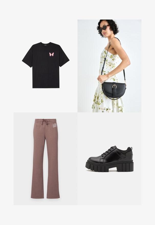 Svart bomullströja med korta ärmar, med en liten rosa fjärilsgrafik på vänster bröst. Rundad halsdesign med en avslappnad passform.; Gap Tall HERITAGE BOOT - Träningsbyxor - wassel; Svarta läderplattformsskor med en kraftig blockklack, rund tå och traditionell snörningsdesign. Har en slät textur och minimal detaljering.; Svart läderhandväska med en böjd form, avtagbar rem och guldiga detaljer. Väskan har ett lock med en spänndetalj.
