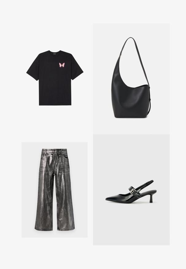 Black cotton t-shirt with short sleeves, featuring a small pink butterfly graphic on the left chest. Crew neck design with a relaxed fit.; Metallic silver wide-leg trousers with a smooth, shiny texture, featuring five-pocket design and belt loops. Straight cut, casual style.; Black patent leather slingback heels with a pointed toe and a small block heel, featuring a silver buckle accent on the strap.; Black leather hobo bag with a smooth texture, curved shape, and single adjustable strap; features a wide opening at the top.