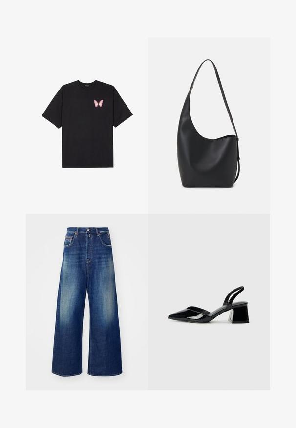 Svart bomulls T-skjorte med korte ermer, med en liten rosa sommerfugl grafikk på venstre bryst. Crew-neck design med en avslappet passform.; Bredde ben denimjeans i mørkeblå med lys fading, fem lommer og kontraststing. Knappe- og glidelås-lukking foran.; Svarte patentlær slingback hæler med spiss tå og geometrisk blokk hæl. Har et stilrent, minimalistisk design og jevn tekstur.; Svart lær hobo-veske med glatt tekstur, buet form og enkelt justerbart stropp; har en bred åpning på toppen.