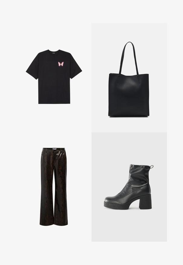 Schwarzes Baumwoll-T-Shirt mit kurzen Ärmeln, das ein kleines pinkes Schmetterlingsmotiv auf der linken Brust zeigt. Crewneck-Design mit einem entspannten Schnitt.; Braun-schlangenbedruckte, weit geschnittene Hose aus glänzendem Material, mit hoher Taille, seitlichen Taschen und einer glatten Textur.; Schwarze Stiefeletten aus glattem Leder mit seitlichem Reißverschluss, klobigem strukturiertem Absatz und runder Zehenform.; Schwarze Laptoptasche aus Leder mit glatter Textur, rechteckiger Form und zwei langen Griffen. Keine sichtbaren Beschläge oder Verzierungen.
