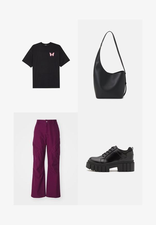 Černé bavlněné tričko s krátkým rukávem, na levém prsou s malou grafikou růžové motýlky. Design s kruhovým výstřihem a volným střihem.; Fialové cargo kalhoty s uvolněným střihem. Mezi jejich vlastnosti patří boční kapsy, zapínání na knoflík a hladká bavlněná textura. Široký střih nohavic.; Černé kožené platformové boty s masivním blokovým podpatkem, kulatou špičkou a tradičním šněrováním. Mají hladký povrch a minimální detaily.; Černá kožená hobo taška s hladkým povrchem, zakřiveným tvarem a jedním nastavitelným popruhem; má široké otevírání nahoře.