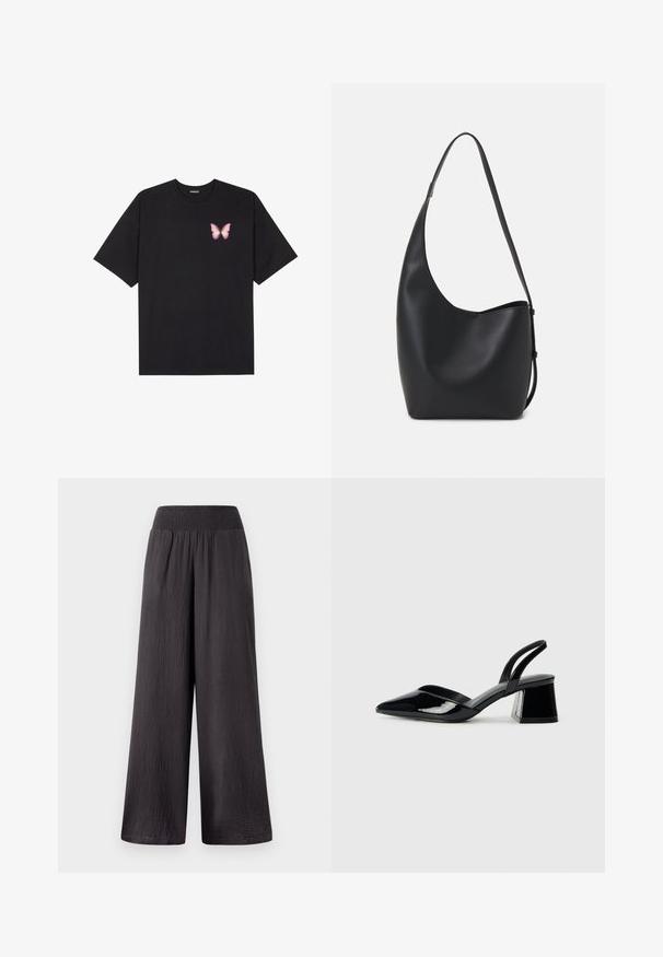 Melna kokvilnas T-krekls ar īsām piedurknēm, kuram priekšā kreisajā pusē ir neliels rozā tauriņa grafiskais attēls. Ar apaļu kaklu un brīvā stila piegriezumu.; Melnas platās bikses ar gumijas jostasvietu, izgatavotas no vieglas teksturētas auduma, ar brīvu piegriezumu un pilna garuma dizainu.; Melna lakota āda ar atvērto papēdi, ar smailu purngalu un ģeometrisku blokpapēdi. Iezīmējas elegants, minimāls dizains un gluda tekstūra.; Melnas ādas hobo soma ar gludu tekstūru, izliekta forma un vienu regulējamu jostu; augšā ir plaša atvere.