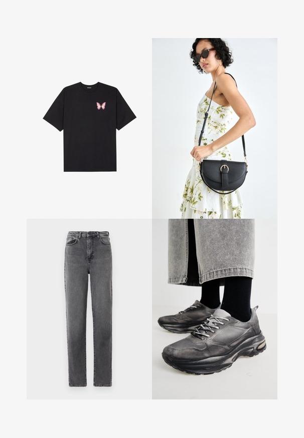 Črna bombažna majica s kratkimi rokavi, ki ima majhen roza metuljček na levi strani prsnega dela. Majica s krožnim ovratnikom in sproščenim krojem.; Svetlo sivi kavbojki z visokim pasom in ravnimi nogavicami, z zapiranjem na gumb in zadrgo spredaj, sprednjimi in zadnjimi žepi.; Črne in sive športne čevlje imajo mrežast zgornji del, debele podplate in vezalke. Imajo zaobljen nos in opazne podrobnosti oblazinjenja.; Črna usnjena torbica s ukrivljeno obliko, z odstranljivo naramnico in zlatimi dodatki. Torbica ima pokrov s podrobnostmi v obliki zaponke.