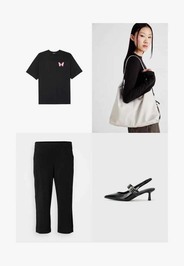 Black cotton t-shirt with short sleeves, featuring a small pink butterfly graphic on the left chest. Crew neck design with a relaxed fit.; Black cropped pants made of soft, stretchy fabric; features an elastic waistband and no visible pockets. Smooth texture without patterns.; Black patent leather slingback heels with a pointed toe and a small block heel, featuring a silver buckle accent on the strap.; Beige handbag made of soft material, featuring a slouchy design, stitched detailing, and two shoulder straps. Suitable for everyday use.