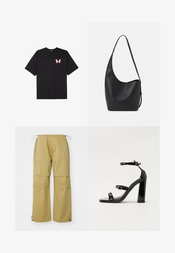 Tricou negru din bumbac cu mâneci scurte, având pe partea stângă a pieptului un mic grafic cu un fluture roz. Design cu guler rotund și croială lejeră.; Pantaloni cargo în culoare khaki, cu picioare largi, talie elastică, buzunare față și manșete ajustabile cu șnur. Fabricat din material ușor.; Sandale cu toc din patent negru, cu vârf pătrat, curele la gleznă și catarame din argint. Dispune de un toc gros pentru stabilitate.; Geantă hobo din piele neagră, cu o textură netedă, formă curbată și un singur bretele ajustabil; are o deschidere largă în partea de sus.