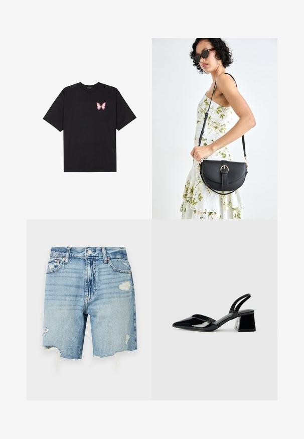 Svart bomulls T-skjorte med korte ermer, med en liten rosa sommerfugl grafikk på venstre bryst. Crew-neck design med en avslappet passform.; Lyseblå denimshorts med høy livlinje. Har slitte detaljer med utslitt kant og flere lommer. Klassisk femlommers design.; Svarte patentlær slingback hæler med spiss tå og geometrisk blokk hæl. Har et stilrent, minimalistisk design og jevn tekstur.; Svart lærveske med en buet form, avtagbar stropp og gullbeslag. Vesken har et klaff med spenne-detall.