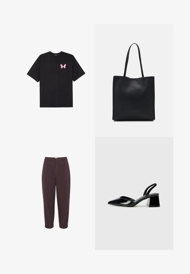 Black cotton t-shirt with short sleeves, featuring a small pink butterfly graphic on the left chest. Crew neck design with a relaxed fit.; Dark brown, high-waisted trousers with a relaxed fit, pleated front, and tapered leg, featuring a smooth texture and no visible hardware.; Black patent leather slingback heels with a pointed toe and a geometric block heel. Features a sleek, minimal design and smooth texture.; Black leather tote bag with smooth texture, rectangular shape, and two long handles. No visible hardware or embellishments.