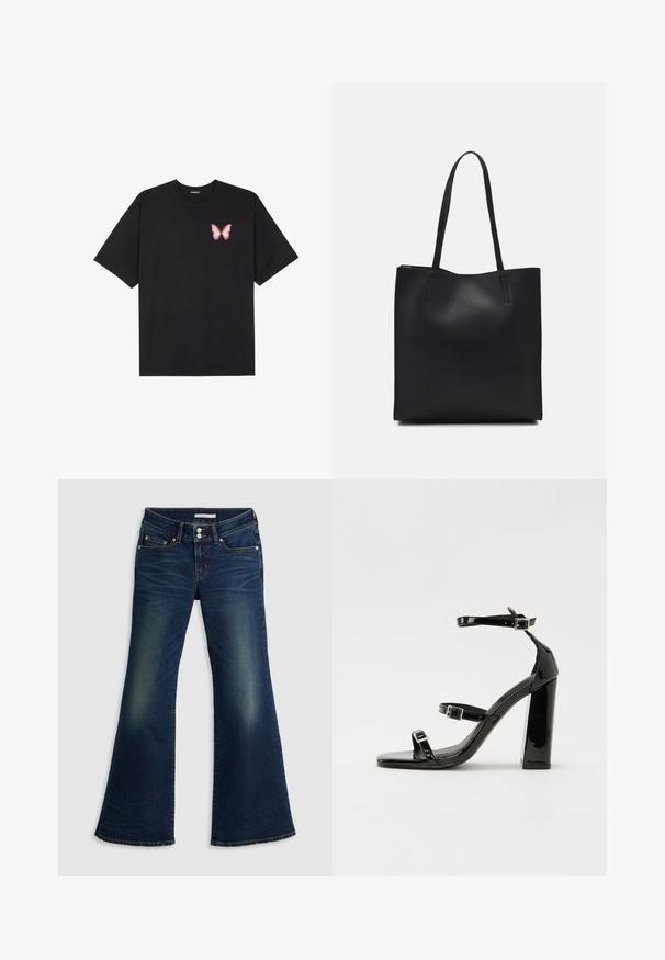 T-shirt de algodão preto com mangas curtas, apresentando um pequeno gráfico de borboleta rosa no lado esquerdo do peito. Design de gola redonda com um corte solto.; Jeans de flare super baixos em denim azul escuro, com bolsos frontais e traseiros, fecho de botão duplo e detalhes desgastados nas coxas e joelhos.; Sandálias pretas de verniz com salto alto, duas fivelas, biqueira quadrada e salto largo, apresentando uma textura lisa e brilhante.; Bolsa tote preta em couro com textura lisa, forma retangular e duas alças longas. Sem hardware ou enfeites visíveis.