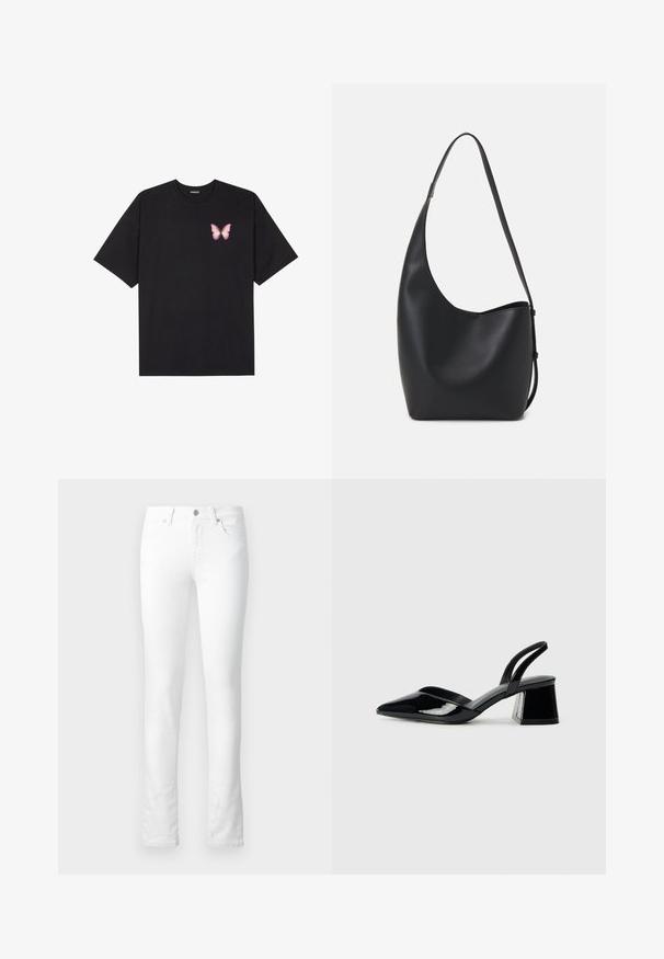 Must muströöpidega must puuvillane T-särk, vasakul rinnal on väike roosa liblikas. Ümar kaelus ja vabalt istuv lõige.; Valged denimimoodid kitsas lõikes, viie-tasku disain, lukuga lend ja peened õmbluse detailid. Sile tekstuur; ei ole nähtavaid mustreid.; Mustad musta lakknahk kingad, millel on terav varvas ja geomeetriline plokkkonts. Omab elegantselt minimalistlikku disaini ja sujuvat tekstuuri.; Mustast nahast hobo kott, millel on sile tekstuur, kumer kuju ja üks reguleeritav rihm; peal on lai avaus.