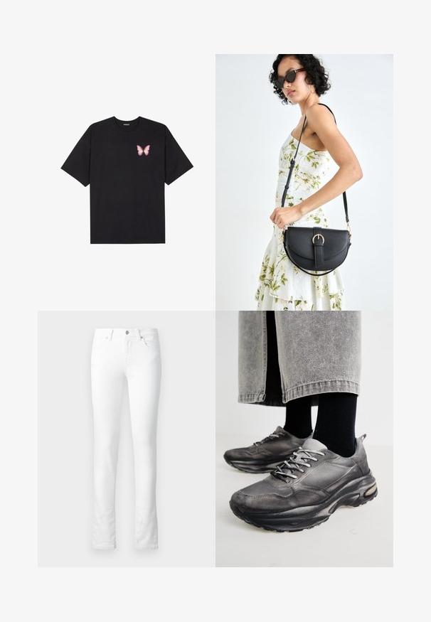 Crna pamučna majica s kratkim rukavima, s malim grafičkim prikazom ružičaste vjetricaste s desne strane na prsima. Dizajn s okruglim izrezom i opuštenim krojem.; Bijele traperice sa slim fit krojem, dizajnom s pet džepova, zatvaračem i suptilnim detaljima šivanja. Glatka tekstura; bez vidljivih uzoraka.; Crne i sivo sportske cipele imaju mrežastu gornjište, debele potplate i vezice. Imaju zaobljen vrh i vidljive detalje s jastučićima.; Crna kožna torba s lukovitim oblikom, odvojivim remenom i zlatnim detaljima. Torba ima preklop s kopčom.