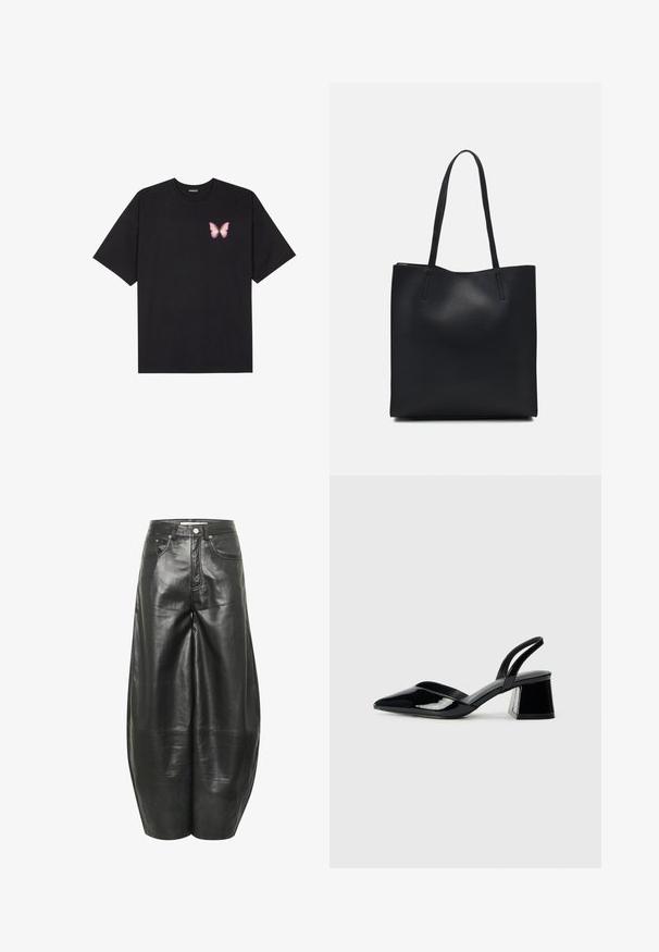 Svart bomullströja med korta ärmar, med en liten rosa fjärilsgrafik på vänster bröst. Rundad halsdesign med en avslappnad passform.; Svarta läderbyxor med vid ben och en slät yta, framfickor och hög midja. Har synlig sömnad och knäppning.; Svarta lackläder slingback klackar med spetsig tå och geometrisk klack. Har en elegant, minimalistisk design och slät yta.; Svart lädertoffelväska med slät textur, rektangulär form och två långa handtag. Ingen synlig hårdvara eller dekorationer.