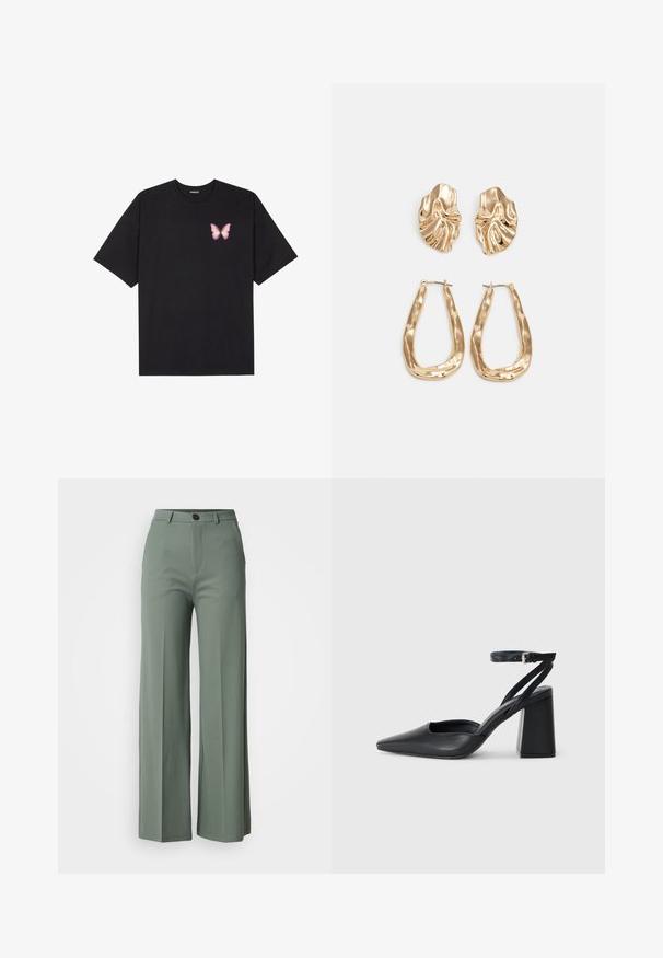 Black cotton t-shirt with short sleeves, featuring a small pink butterfly graphic on the left chest. Crew neck design with a relaxed fit.; Wide-leg trousers in a muted green fabric, featuring a front button closure and smooth texture. No visible patterns or accents.; Black leather pointy-toe pump with an ankle strap and a chunky heel. Flat texture, sleek design, and minimalistic aesthetics.; Gold-tone earrings featuring textured, wavy shapes. Includes sculptural clip-on studs and open hoop design with a hammered finish.
