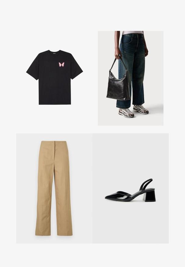 T-shirt de algodão preto com mangas curtas, apresentando um pequeno gráfico de borboleta rosa no lado esquerdo do peito. Design de gola redonda com um corte solto.; Calças beje de perna reta com frente lisa, bolsos laterais e um tecido leve e suave. Sem padrões visíveis ou detalhes em hardware.; Sandy em verniz preto com salto slingback, ponta afilada e salto geométrico. Apresenta um design elegante e minimalista com textura suave.; Bolsa de ombro em couro preto com textura suave e alça ajustável, combinada com jeans de perna larga desbotados e ténis desportivos.