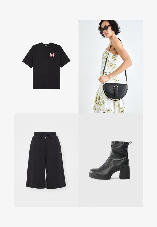 T-shirt nera in cotone con maniche corte, caratterizzata da una piccola grafica di una farfalla rosa sul lato sinistro del petto. Design a girocollo con una vestibilità rilassata.; Pantaloni corti neri in cotone con vita regolabile, design a gamba larga e piccolo logo sulla parte sinistra. Texture liscia e leggera.; Stivali neri alla caviglia in pelle liscia, con zip laterale, tacco spesso e texture, e punta arrotondata.; Borsa a tracolla nera in pelle con una forma curva, manico rimovibile e accessori dorati. La borsa presenta una patta con un dettaglio a fibbia.