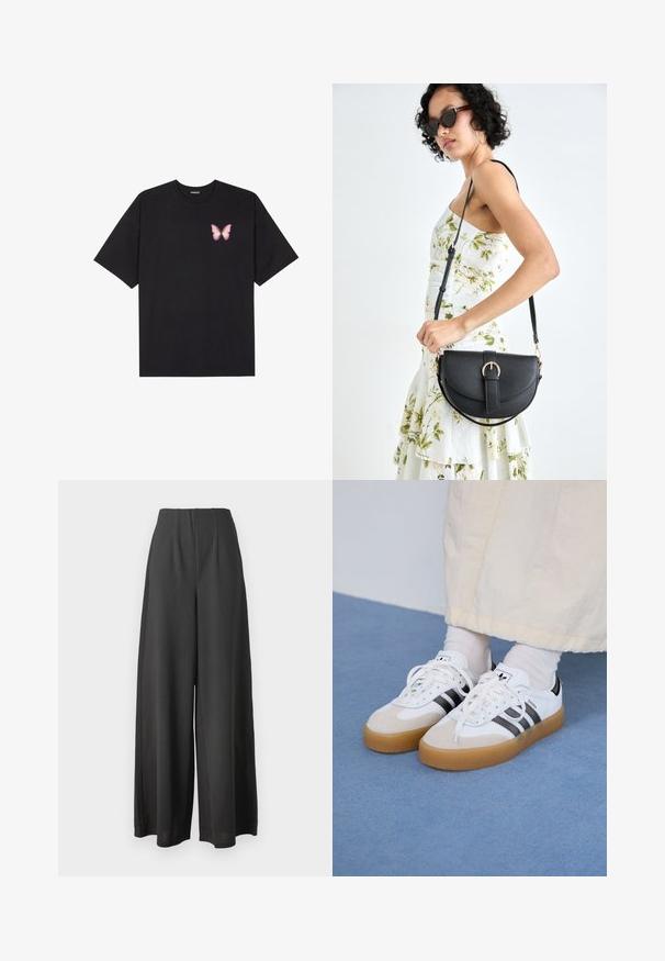 Must muströöpidega must puuvillane T-särk, vasakul rinnal on väike roosa liblikas. Ümar kaelus ja vabalt istuv lõige.; Mustad laiad püksid, mis on valmistatud siledast kangast, millel on kõrge vöökoht ja volditud disain, et lisada tekstuuri ja mõõdet.; Valged tossud mustade triipudega ja beeži nahaga aktsentidega. Omavad tekstuuriga kummist talla ja lamedaid valgeid paelu, kantud heledate sokkidega.; Mustmust mustraha kõverate joontega, eemaldatava rihmaga ja kuldsete detailidega. Kotil on klapp, millel on pandladetail.