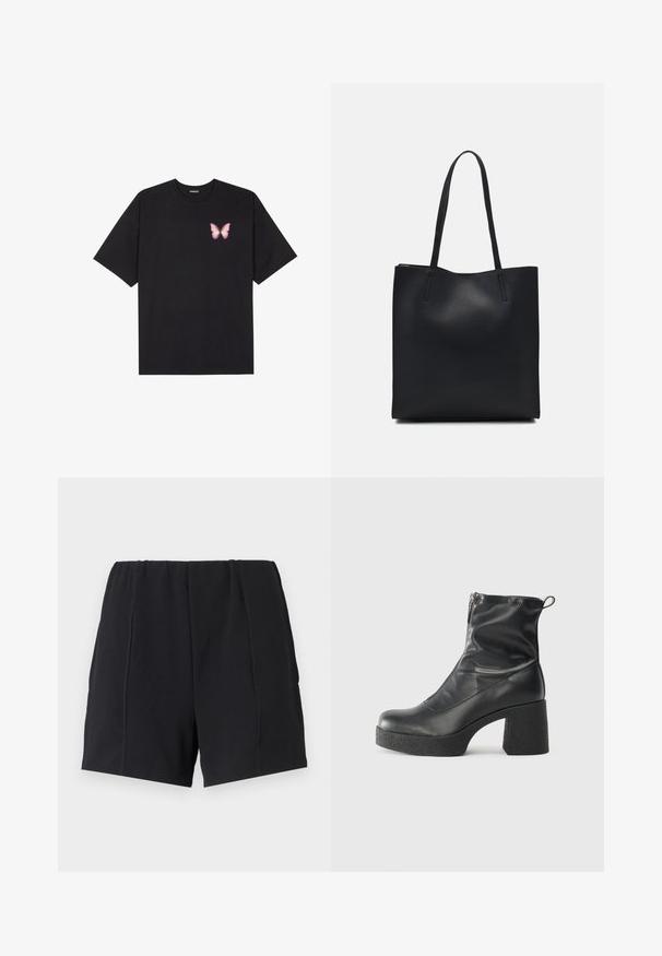 Sort bomulds T-shirt med korte ærmer, prydet med en lille pink sommerfugl grafik på venstre bryst. Rund hals design med en afslappet pasform.; Sorte atletiske shorts med elastisk talje, med flade sømme, løs pasform og glat tekstur. Ingen lommer eller pynt.; Sorte ankelstøvler lavet af glat læder, med en sidelukning, kraftig struktureret hæl og rundt tådesign.; Sort læder tote taske med glat tekstur, rektangulær form og to lange hanke. Ingen synlig hardware eller udsmykninger.