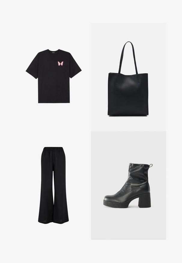 Black cotton t-shirt with short sleeves, featuring a small pink butterfly graphic on the left chest. Crew neck design with a relaxed fit.; Black wide-leg pants made from a lightweight fabric. Features an elastic waistband and floor-length, flowing design.; Black ankle boots made of smooth leather, featuring a side zipper, chunky textured heel, and rounded toe design.; Black leather tote bag with smooth texture, rectangular shape, and two long handles. No visible hardware or embellishments.