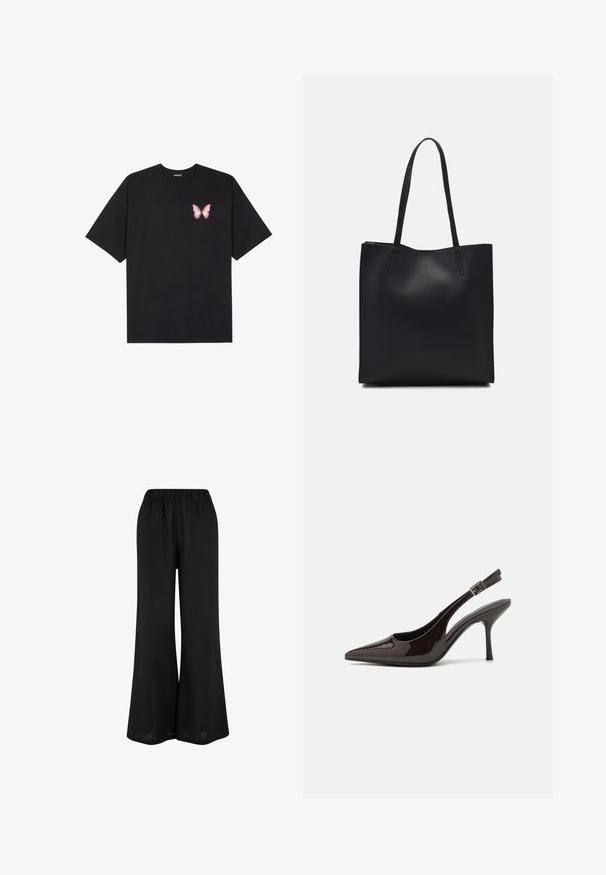 Tricou negru din bumbac cu mâneci scurte, având pe partea stângă a pieptului un mic grafic cu un fluture roz. Design cu guler rotund și croială lejeră.; Pantaloni negri cu croi larg, realizati dintr-un material usor. Au talie elastica si un design fluid, reaching până la podea.; Pantof cu toc înalt Slingback din piele sintetică lucioasă de culoare maro închis, vârf ascuțit, laterale deschise și curea ajustabilă la glezne.; Geantă tote neagră din piele, cu textură netedă, formă rectangulară și două mânere lungi. Fără hardware vizibil sau ornamente.