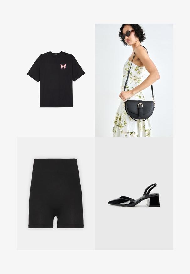 Musta puuvillapaita lyhyillä hihoilla, jossa on pieni vaaleanpunainen perhosgrafiikka vasemmassa rinnassa. Pyöreä kaula-aukko ja rento istuvuus.; Mustat ribbitetyt pyöräilyhousut, joissa on korkea vyötärö ja pehmeä tekstuuri. Ne ovat sileäpintaiset eivätkä sisällä näkyviä saumoja.; Mustat patentoitu nahkakengät, joissa on säären takaosa ja terävä kärki, sekä geometrinen palikkakorko. Sisältää tyylikkään, minimalistisen muotoilun ja sileän pinnan.; Musta nahkainen käsilaukku, joka on kaareva muotoilultaan, irrotettavalla hihnalla ja kultaisilla yksityiskohdilla. Laukussa on läppä, jossa on solk yksityiskohta.