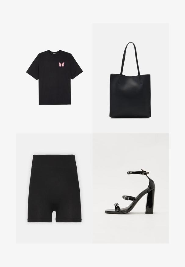 Musta puuvillapaita lyhyillä hihoilla, jossa on pieni vaaleanpunainen perhosgrafiikka vasemmassa rinnassa. Pyöreä kaula-aukko ja rento istuvuus.; Mustat ribbitetyt pyöräilyhousut, joissa on korkea vyötärö ja pehmeä tekstuuri. Ne ovat sileäpintaiset eivätkä sisällä näkyviä saumoja.; Musta kiiltäväpintainen korkokengät, joissa on kaksi solkikiinnitystä, neliönmuotoinen kärki ja paksu korko, sileällä, kiiltävällä pintarakenteella.; Mustapahkainen kangaskassi, jossa on sileä pinta, suorakaiteen muotoinen ja kaksi pitkää kahvaa. Ei näkyvää metalliosaa tai koristeita.