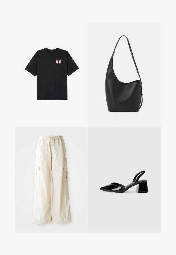 T-shirt de algodão preto com mangas curtas, apresentando um pequeno gráfico de borboleta rosa no lado esquerdo do peito. Design de gola redonda com um corte solto.; Calças cargo de perna larga em tecido bege claro com cintura elástica, fecho de cordão e bolsos laterais. Textura suave com detalhes mínimos.; Sandy em verniz preto com salto slingback, ponta afilada e salto geométrico. Apresenta um design elegante e minimalista com textura suave.; Saco hobo preto em pele com uma textura lisa, forma curva e uma única alça ajustável; apresenta uma abertura larga na parte de cima.