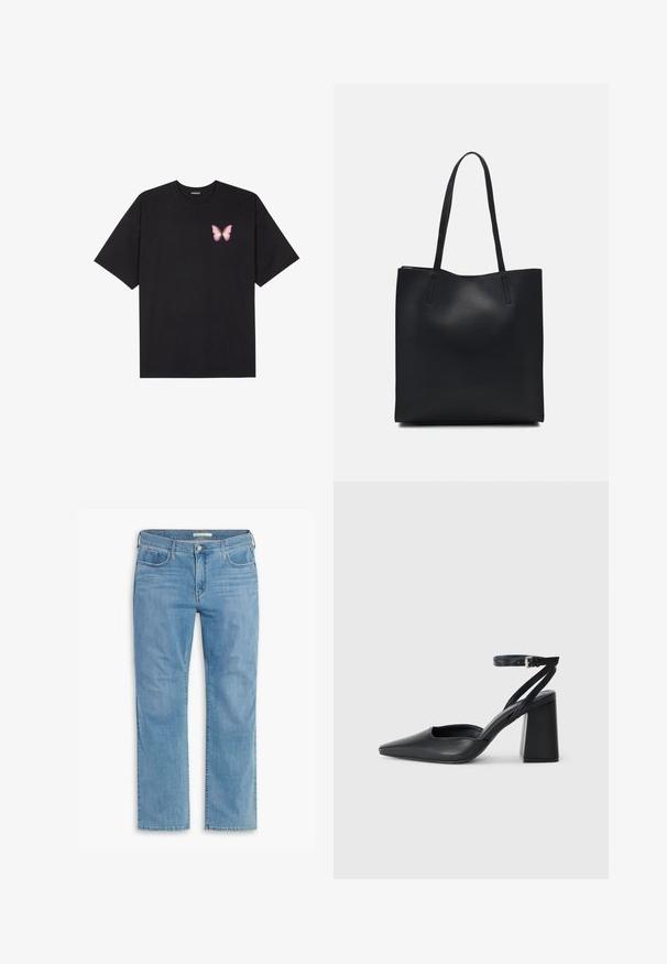 Black cotton t-shirt with short sleeves, featuring a small pink butterfly graphic on the left chest. Crew neck design with a relaxed fit.; Light blue straight-leg jeans with five pockets, button closure, and belt loops, made from denim with a soft texture and subtle fading.; Black leather pointy-toe pump with an ankle strap and a chunky heel. Flat texture, sleek design, and minimalistic aesthetics.; Black leather tote bag with smooth texture, rectangular shape, and two long handles. No visible hardware or embellishments.