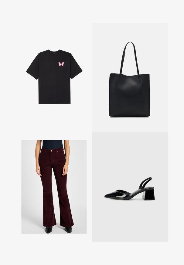 Black cotton t-shirt with short sleeves, featuring a small pink butterfly graphic on the left chest. Crew neck design with a relaxed fit.; Corduroy flared pants in burgundy, featuring front pockets, a zip fly with a button closure, and a textured finish.; Black patent leather slingback heels with a pointed toe and a geometric block heel. Features a sleek, minimal design and smooth texture.; Black leather tote bag with smooth texture, rectangular shape, and two long handles. No visible hardware or embellishments.