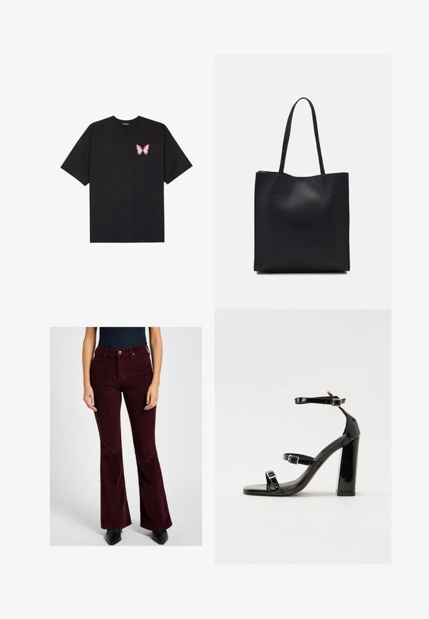 Fekete pamut póló rövid ujjakkal, bal mellkason egy kis rózsaszín pillangó grafikával. Kerek nyakú kialakítás, laza fazonnal.; Burgundi kordbársonyos flared nadrág, elülső zsebekkel, zipzárral és gombos belepattintással, valamint texturált felülettel.; Fekete lakk magas sarkú szandál négyzet alakú orral, bokapántokkal és ezüst csatokat tartalmaz. Masszív blokk sarka a stabilitásért felel.; Fekete bőrtáska sima felszínnel, téglalap alakú, két hosszú füllel. Nincs látható fémkiegészítő vagy díszítés.