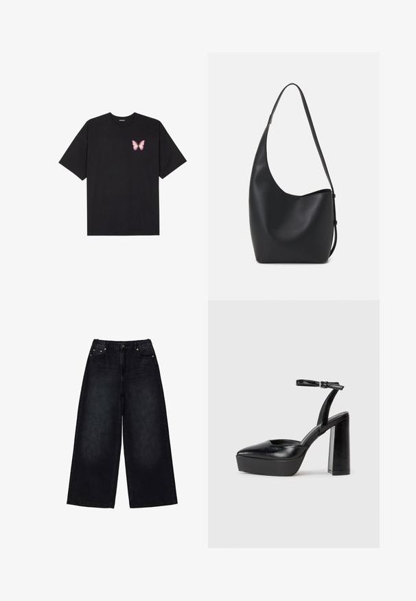 T-shirt nera in cotone con maniche corte, caratterizzata da una piccola grafica di una farfalla rosa sul lato sinistro del petto. Design a girocollo con una vestibilità rilassata.; Jeans neri a gamba larga con vita elastica, design a cinque tasche e una leggera texture sbiadita. Presentano hardware metallico e cuciture doppie.; Tacchi a piattaforma neri con punta appuntita e cinturino regolabile alla caviglia. Realizzati in pelle liscia, presentano un tacco a blocco spesso.; Borsa hobo nera in pelle con una superficie liscia, forma curvata e una singola tracolla regolabile; presenta un'ampia apertura nella parte superiore.