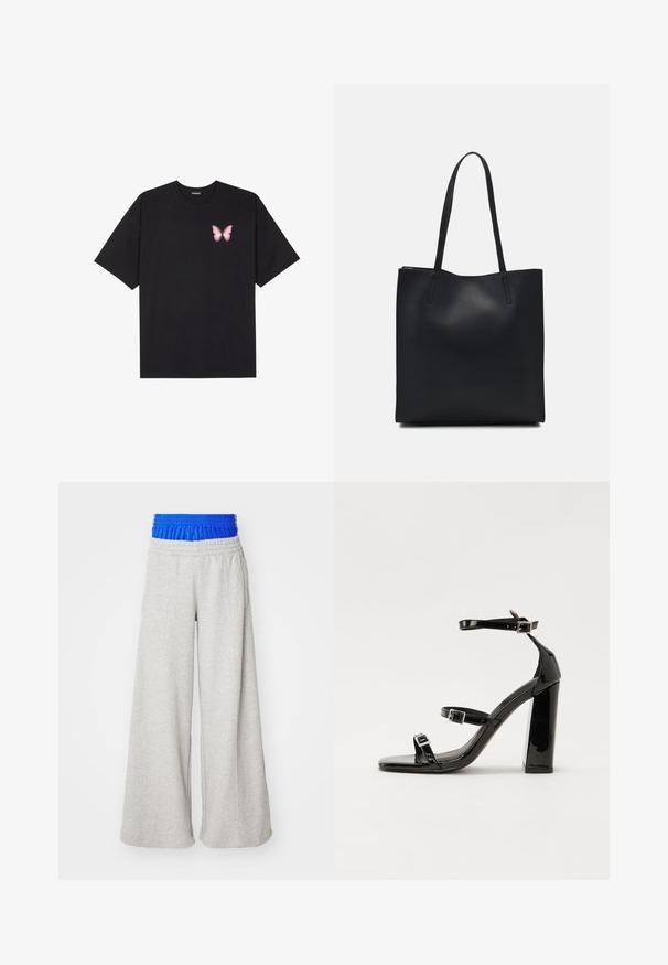 Juodas medvilnės marškinėliai trumpomis rankovėmis, su maža rožine drugelio grafika kairėje krūtinės pusėje. Apvalus kaklo iškirpimas, laisvas kirpimas.; adidas Originals KSENIA - Treningo apatinė dalis - medium grey heather/blue; Juodos patentuotos aukštakulnės basutės su dviem sagtelėmis, kvadratine nosimi ir stambiu blokiniu kulnu, pasižyminčios lygiu, blizgiu paviršiumi.; Juodas odinis tote krepšys su lygia tekstūra, stačiakampio formos ir dviem ilgais rankenomis. Matomų metalinių detalių ar puošybos nėra.