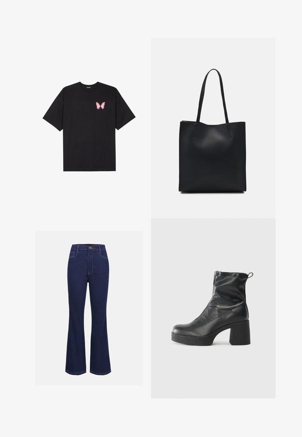 Černé bavlněné tričko s krátkým rukávem, na levém prsou s malou grafikou růžové motýlky. Design s kruhovým výstřihem a volným střihem.; Tmavě modré rozšířené džíny z denimu s vysokým pasem, standardním zapínáním na knoflík a předními kapsami. Obsahují kontrastní prošívání a hladkou texturu.; Černé kotníkové boty vyrobené z hladké kůže, s bočním zipem, robustním strukturovaným podpatkem a kulatou špičkou.; Černá kožená taška přes rameno s hladkým povrchem, obdélníkovým tvarem a dvěma dlouhými uchy. Žádné viditelné kování ani ozdoby.