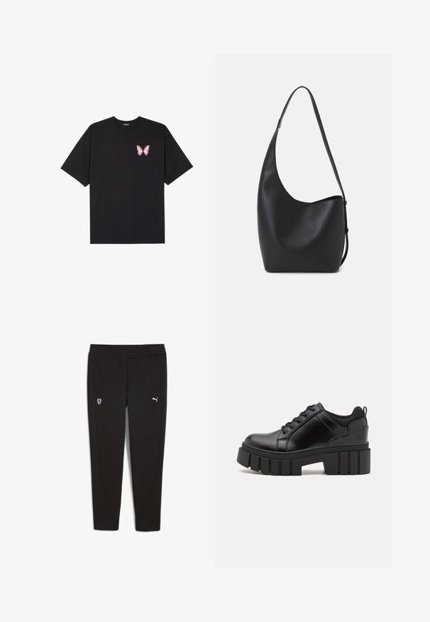 Svart bomullströja med korta ärmar, med en liten rosa fjärilsgrafik på vänster bröst. Rundad halsdesign med en avslappnad passform.; Puma SCUDERIA FERRARI STYLE - Träningsbyxor - black; Svarta läderplattformsskor med en kraftig blockklack, rund tå och traditionell snörningsdesign. Har en slät textur och minimal detaljering.; Svart läder hobo-väska med en slät textur, kurvig form och en justerbar axelrem; har en bred öppning upptill.