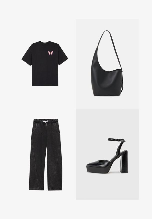 T-shirt de algodão preto com mangas curtas, apresentando um pequeno gráfico de borboleta rosa no lado esquerdo do peito. Design de gola redonda com um corte solto.; Calças pretas, de perna larga, feitas de um tecido texturizado. Apresenta uma cintura elástica com um cordão branco e bolsos frontais com costuras diagonais.; Saltos altos pretos com bico fino e atilho ajustável no tornozelo. Confeccionados em couro suave, apresentam um salto bloco robusto.; Saco hobo preto em pele com uma textura lisa, forma curva e uma única alça ajustável; apresenta uma abertura larga na parte de cima.