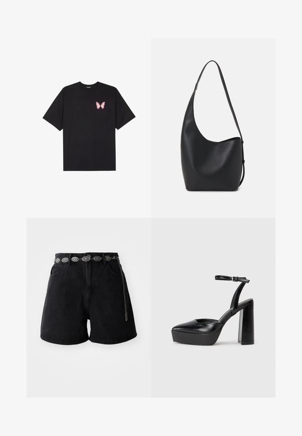 Čierne bavlnené tričko s krátkymi rukávmi, s malým ružovým motýlikom na ľavej hrudi. Design s okrúhlym výstrihom a uvoľneným strihom.; Čierne džínsy šortky s vysokým pásom, prednými vreckami a dekoratívnym strieborným reťazom s oválnymi akcentmi. Hladká textúra.; Čierne platformové podpätky so špicatou špičkou a nastaviteľným členkovým remienkom. Vyrobené z hladkej kože a so robustným blokovým podpätkom.; Čierna kožená hobo taška so hladkou textúrou, zakriveným tvarom a jedným nastaviteľným popruhom; má široké otvorenie na vrchu.