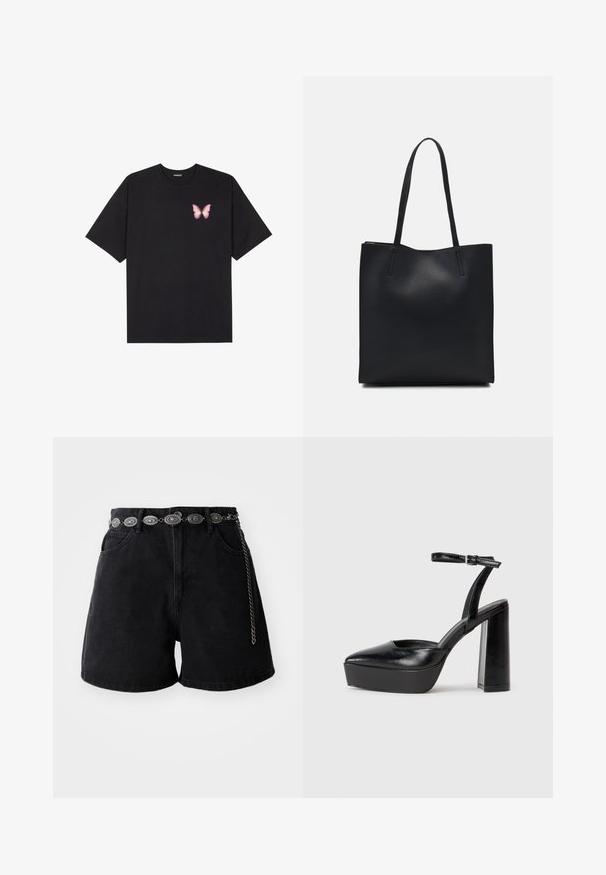 Fekete pamut póló rövid ujjakkal, bal mellkason egy kis rózsaszín pillangó grafikával. Kerek nyakú kialakítás, laza fazonnal.; Fekete farmer sort, magas derekú fazonnal, elülső zsebekkel és ovális díszítő ezüst lánccal. Sima textúra.; Fekete platform magassarkú cipők hegyes orral és állítható bokapánttal. Sima bőrből készült, vastag talppal.; Fekete bőrtáska sima felszínnel, téglalap alakú, két hosszú füllel. Nincs látható fémkiegészítő vagy díszítés.