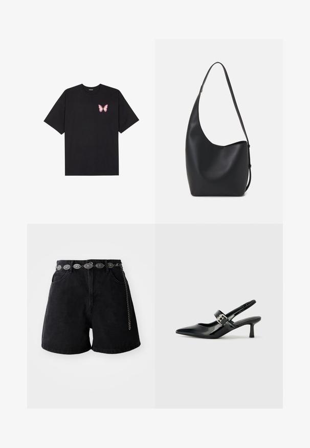 Czarny bawełniany t-shirt z krótkim rękawem, z małym różowym motylkiem na lewej piersi. Klasyczny dekolt z luźnym fasonem.; Czarne dżinsowe szorty z wysokim stanem, przednimi kieszeniami i ozdobnym srebrnym paskiem w łańcuchu z owalnymi akcentami. Gładka tekstura.; Czarne lakierowane szpilki slingback z wąskim noskiem i małym słupkiem, z ozdobnym srebrnym klamrą na pasku.; Czarna skórzana torba hobo o gładkiej fakturze, zaokrąglonym kształcie i pojedynczym, regulowanym pasku; posiada szerokie otwarcie na górze.