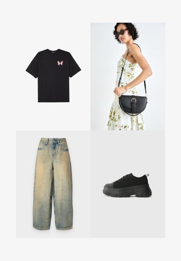 Crna pamučna majica s kratkim rukavima, s malim grafičkim prikazom ružičaste vjetricaste s desne strane na prsima. Dizajn s okruglim izrezom i opuštenim krojem.; The Ragged Priest TOXIC GOLIATH - Široke nogavice - dirty sand; Crne tenisice s debelim gumenenim potplatom, teksturiranim gornjim dijelom od tkanine, okruglim vrhom i dizajnom s vezicama. Imaju pojačane rupice za vezice i dodatak za povlačenje straga.; Crna kožna torba s lukovitim oblikom, odvojivim remenom i zlatnim detaljima. Torba ima preklop s kopčom.