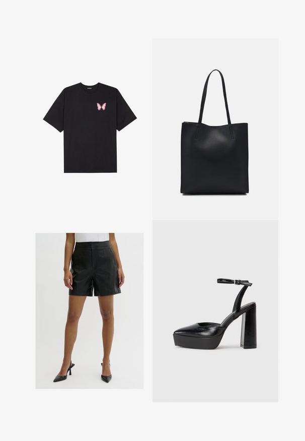 Black cotton t-shirt with short sleeves, featuring a small pink butterfly graphic on the left chest. Crew neck design with a relaxed fit.; Black leather shorts with a high waist design, featuring a smooth texture, two front pockets, and clean, tailored lines.; Black platform heels with a pointed toe and adjustable ankle strap. Constructed from smooth leather, featuring a chunky block heel.; Black leather tote bag with smooth texture, rectangular shape, and two long handles. No visible hardware or embellishments.