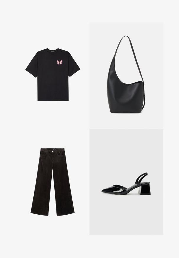 Black cotton t-shirt with short sleeves, featuring a small pink butterfly graphic on the left chest. Crew neck design with a relaxed fit.; Black corduroy wide-leg pants with a high waist, front pockets, and a textured fabric, featuring a button closure and belt loops.; Black patent leather slingback heels with a pointed toe and a geometric block heel. Features a sleek, minimal design and smooth texture.; Black leather hobo bag with a smooth texture, curved shape, and single adjustable strap; features a wide opening at the top.
