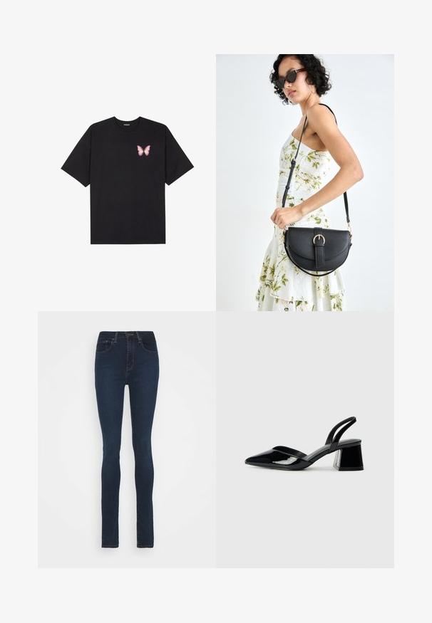 T-shirt de algodão preto com mangas curtas, apresentando um pequeno gráfico de borboleta rosa no lado esquerdo do peito. Design de gola redonda com um corte solto.; Levi's® Calças de ganga de corte skinny - santiago night; Sandy em verniz preto com salto slingback, ponta afilada e salto geométrico. Apresenta um design elegante e minimalista com textura suave.; Bolsa de couro preta com forma curva, alça destacável e detalhes em dourado. A bolsa possui uma aba com detalhe de fivela.