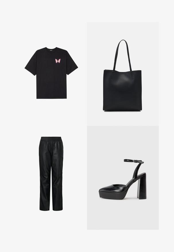 Juodas medvilnės marškinėliai trumpomis rankovėmis, su maža rožine drugelio grafika kairėje krūtinės pusėje. Apvalus kaklo iškirpimas, laisvas kirpimas.; Juodos odinės kelnės su elastingu juosmeniu, struktūrizuota dizaino, plačiomis kojomis, lygiu paviršiumi ir matomomis siūlėmis bei panelių detalėmis.; Juodi platforminiai aukšti kulniukai su smailiu kojų pirštu ir reguliuojamu kulkšnies dirželiu. Pagaminti iš lygaus odos, turi masyvų blokinį kulną.; Juodas odinis tote krepšys su lygia tekstūra, stačiakampio formos ir dviem ilgais rankenomis. Matomų metalinių detalių ar puošybos nėra.