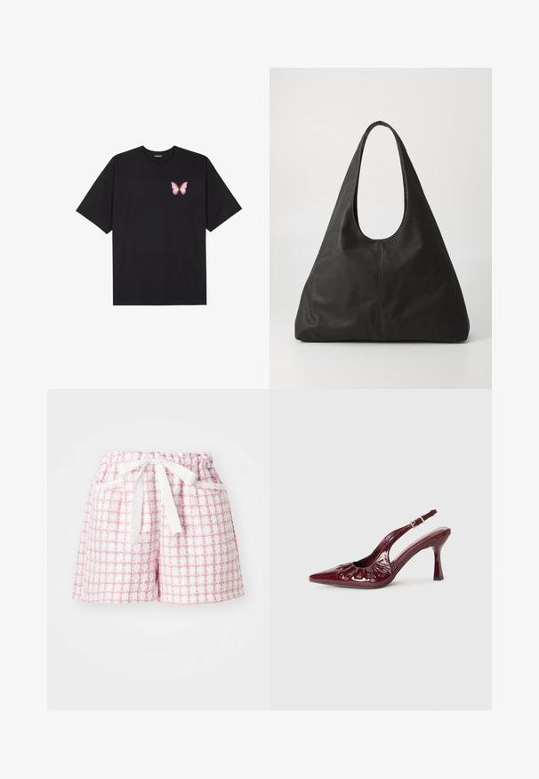 T-shirt en coton noir à manches courtes, avec un petit graphique de papillon rose sur la poitrine gauche. Modèle à col rond avec une coupe décontractée.; Shorts à carreaux blancs et roses avec un tissu texturé, dotés d'une taille élastique et d'un nœud attaché à l'avant. Deux poches latérales.; Escarpins à talon slingback en cuir verni bordeaux avec un bout pointu et des détails froncés, dotés d'un talon fin et d'une bride de cheville ajustable.; Sac fourre-tout en cuir noir avec une poignée courbée, forme triangulaire allongée et texture lisse. Présente un design minimaliste sans matériel visible.