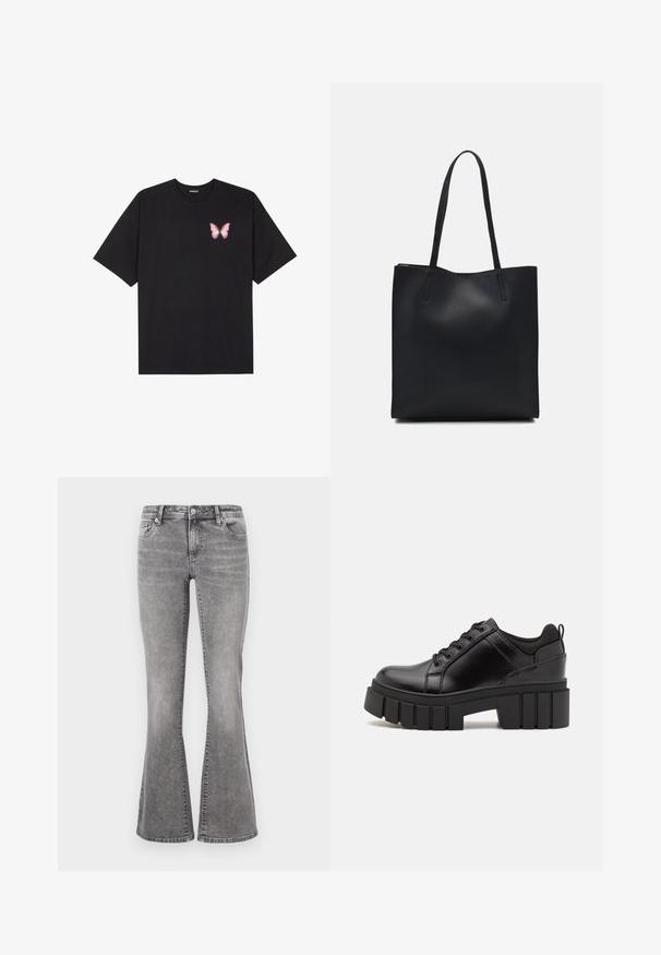 Svart bomulls T-skjorte med korte ermer, med en liten rosa sommerfugl grafikk på venstre bryst. Crew-neck design med en avslappet passform.; Grå denim flared jeans med mid-rise liv, fem lommer og en falmet vask. Har en knappelukking og beltehemper.; Svarte lærplattformsko med kraftig blokkhell, rund tå og tradisjonell snøring. Har en jevn tekstur og minimal detaljering.; Svart lær tote bag med glatt tekstur, rektangulær form og to lange håndtak. Ingen synlige deler eller dekorasjoner.