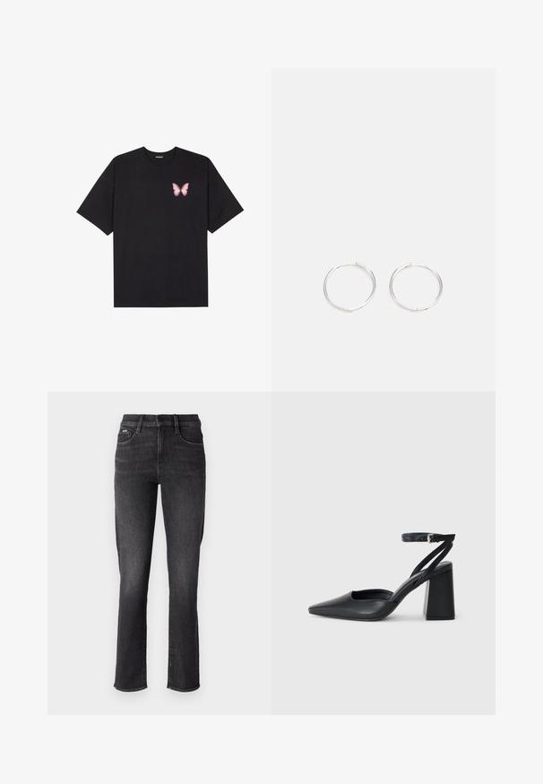 Camiseta de algodón negra de manga corta, con un pequeño gráfico de mariposa rosa en el lado izquierdo del pecho. Diseño de cuello redondo con un corte relajado.; Jeans de mezclilla negra con un diseño de pierna recta, que cuentan con una cintura estándar, cinco bolsillos y detalles de costura sutiles.; Zapato de tacón puntiagudo de cuero negro con tira en el tobillo y tacón ancho. Textura plana, diseño elegante y estética minimalista.; Pendientes aros de plata con un diseño redondo y elegante, que presentan una superficie lisa y sin adornos visibles. Diámetro no especificado.