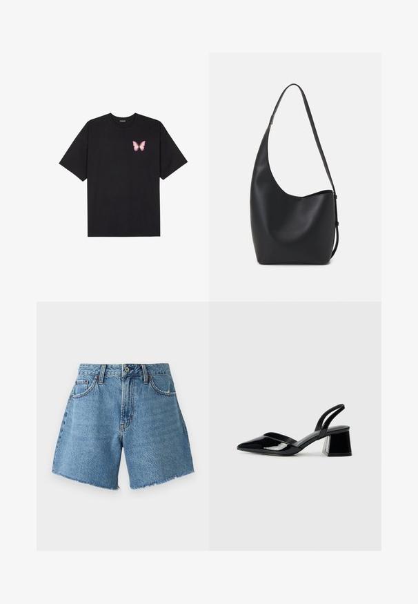 Zwarte katoenen t-shirt met korte mouwen, voorzien van een kleine roze vlinder graphic op de linkerkant van de borst. Crew neck ontwerp met een relaxte fit.; Abercrombie & Fitch CURVE LOVE SHORT - Jeansshort - light blue denim; Zwarte gepatineerde leren slingback hakken met een spitse neus en een geometrische blokhak. Kenmerkt zich door een slank, minimalistisch ontwerp en een gladde textuur.; Zwarte leren hobo tas met een gladde textuur, kromme vorm en een enkele verstelbare schouderband; heeft een brede opening aan de bovenkant.