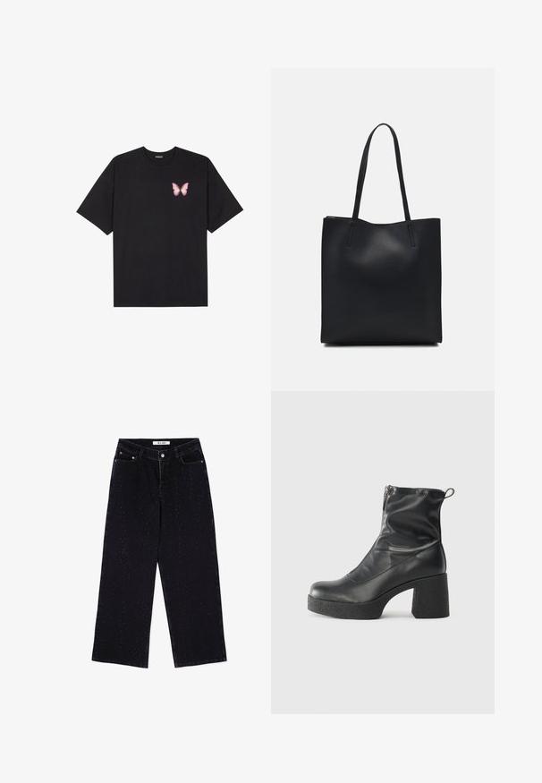 Must muströöpidega must puuvillane T-särk, vasakul rinnal on väike roosa liblikas. Ümar kaelus ja vabalt istuv lõige.; Mustad laiad mustad teksad, mis on valmistatud denimist, millel on kõrge vöökoht, ees olevad taskud ja kangale hajutatud narmad.; Mustad mustad ansapüksid, mis on valmistatud siledast nahast, külje zipperiga, paksu tekstuuriga kontsaga ja ümmarguse nina disainiga.; Mustast nahast kott sujuva tekstuuriga, ristkülikukujuline ja kahe pika sangaga. Pole nähtavat riistvara ega kaunistusi.