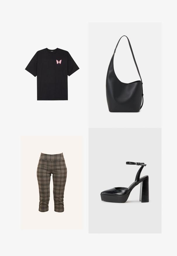 Černé bavlněné tričko s krátkým rukávem, na levém prsou s malou grafikou růžové motýlky. Design s kruhovým výstřihem a volným střihem.; Šedé kostkované zkrácené kalhoty s pružným pasem, přiléhavým střihem a texturovanou látkou s černými a světle šedými akcenty.; Černé platformové podpatky s špičatou špičkou a nastavitelným kotníkovým popruhem. Vyrobeny z hladké kůže, s masivním blokovým podpatkem.; Černá kožená hobo taška s hladkým povrchem, zakřiveným tvarem a jedním nastavitelným popruhem; má široké otevírání nahoře.