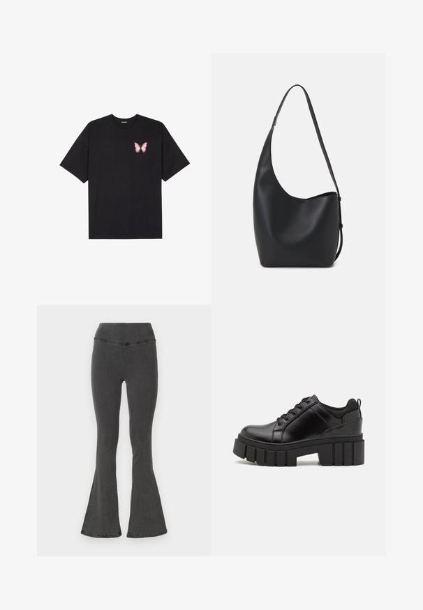 Black cotton t-shirt with short sleeves, featuring a small pink butterfly graphic on the left chest. Crew neck design with a relaxed fit.; Flared black denim pants with a wide waistband, featuring a smooth texture and stitched detailing along the seams.; Black leather platform shoes with a chunky block heel, round toe, and traditional lace-up design. Features smooth texture and minimal detailing.; Black leather hobo bag with a smooth texture, curved shape, and single adjustable strap; features a wide opening at the top.