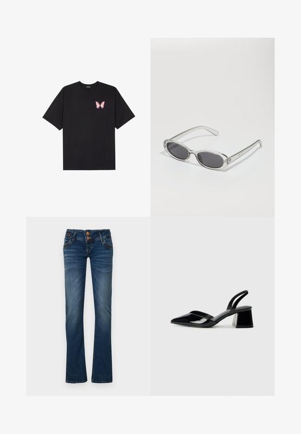 T-shirt de algodão preto com mangas curtas, apresentando um pequeno gráfico de borboleta rosa no lado esquerdo do peito. Design de gola redonda com um corte solto.; Jeans bootcut de cor azul escuro com dois botões na frente, cinco bolsos e um desbotamento sutil nas coxas e joelhos.; Sandy em verniz preto com salto slingback, ponta afilada e salto geométrico. Apresenta um design elegante e minimalista com textura suave.; Óculos de sol com formato oval, armação de plástico transparente, lentes cinza-escuro e hastes finas transparentes com detalhes do logótipo e um design minimalista.; Bolsa de couro preta com forma curva, alça destacável e detalhes em dourado. A bolsa possui uma aba com detalhe de fivela.